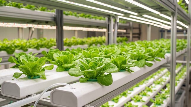 Rows of fresh green lettuce growing in an indoor vertical hydroponic farm