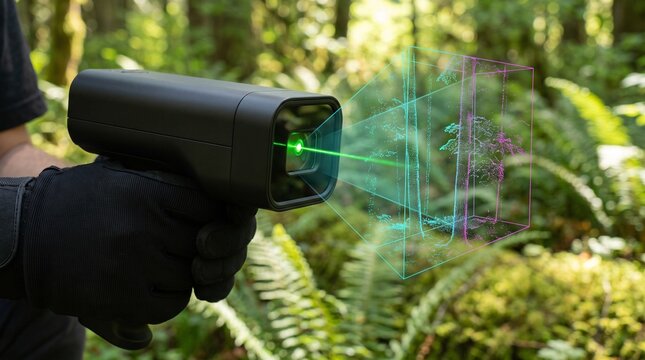 A hand holding a handheld laser scanner scanning vegetation in a forest