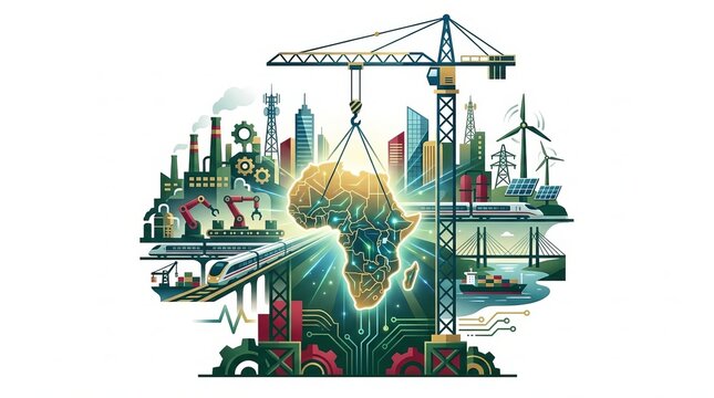 Africa Industrialization Day Illustration With Map, Factories, Renewable Energy and Infrastructure Icons