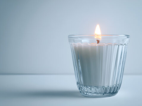 Glass candle with flame on a minimalistic background, soft lighting effect
