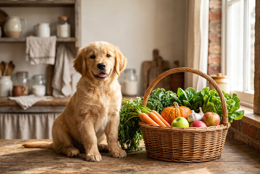 Golden retriever puppy sits beside a basket of fresh vegetables in a kitchen