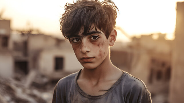 Young boy with dirt on face stands in front of destroyed buildings at sunset
