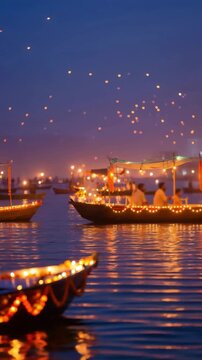 Decorated boats carrying lights across river beneath floating lanterns, kartika purnima boita bandana, bali jatra water celebration