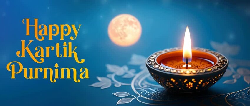 Moonlit kartik purnima greeting with ornate diya on deep blue background, sacred full moon festival, hindu devotional banner