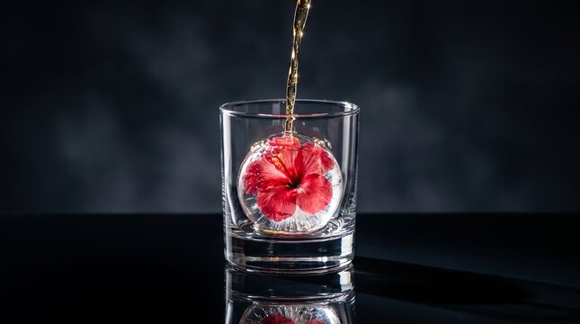 Amber liquid pouring into a glass with a flower encased in a round ice ball