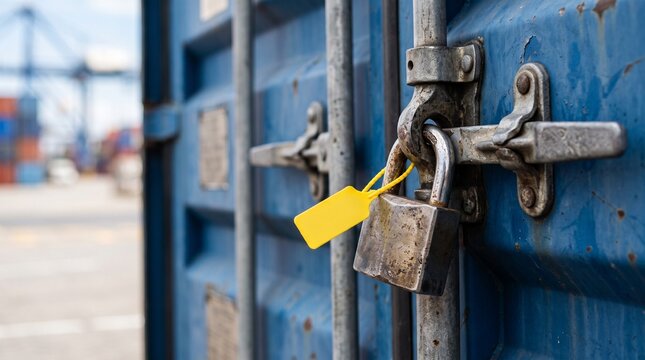 A locked blue cargo shipping container with a yellow plastic security seal