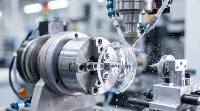 Industrial lathe machine processing a transparent lens in a factory