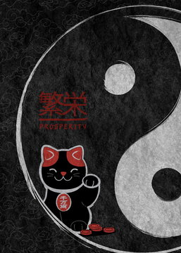 minimalist japanese-inspired art featuring a symbolic yin yang emblem with a charming maneki neko in the foreground, blending balance, harmony, and traditional eastern aesthetics