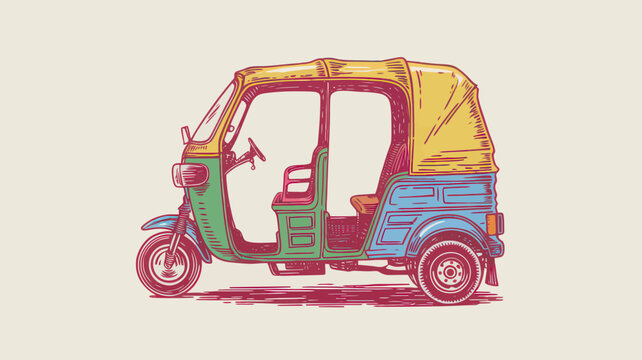 Vintage auto rickshaw vector illustration, retro hand drawn tuk tuk taxi, colorful Asian three wheeler vehicle icon
