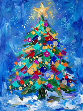Colorful abstract Christmas tree painting with star on blue background