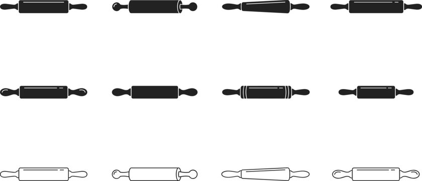 Wooden rolling pin icons collection showing different shapes in solid black silhouette and linear outline styles vector set