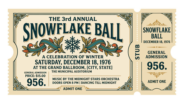 Snowflake Ball Ticket Stub, Vintage Art Deco Style, Winter Celebration 1976