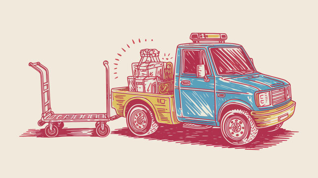 Vintage hand-drawn delivery truck vector, retro utility vehicle with cargo trailer, classic logistics and shipping illustration
