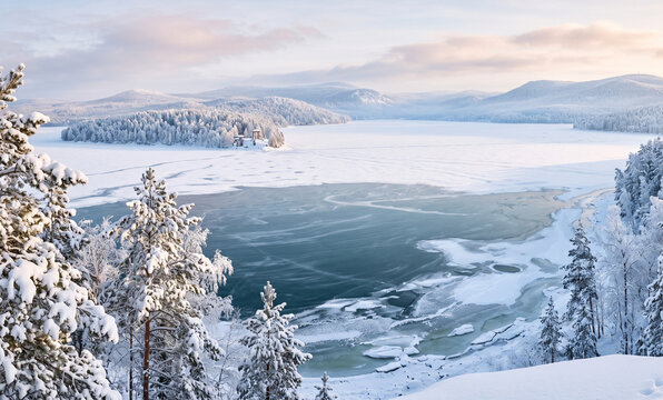Snow Covered Winter Landscape of Lake Turgoyak and Ural Mountains