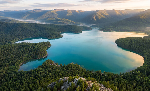 Aerial Landscape of Lake Turgoyak and Ural Mountain Forests