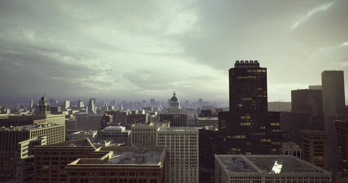 historic dome framed by surrounding towers, classical silhouette meets contemporary skyline, hazy midday light, layered rooftops and detailed cornices, urban