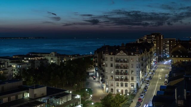 Helsingborg Coastal Avenue Traffic at Twilight High Angle