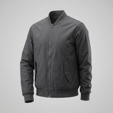 Dark grey bomber jacket with long sleeves and front zipper for men casual fashion clothing isolated on white background