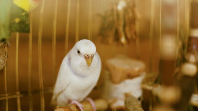 4K slow motion 60fps footage of a cute white budgie parakeet bird sitting on a wooden perch inside a cozy pet cage with toys during daytime.