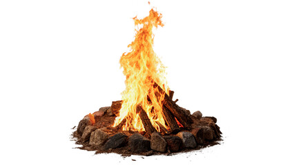 Bright burning campfire with hot flames and wooden logs isolated on transparent background © Foster