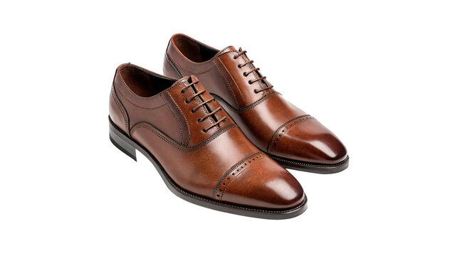 Pair of classic brown leather men dress shoes isolated on transparent background