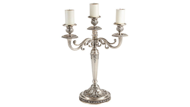 Elegant vintage silver candelabra candlestick holder for luxury decor isolated on transparent background