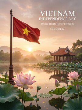 Vietnam Independence Day Lotus Pond Sunrise Greeting Poster