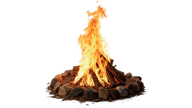 Bright burning campfire with hot flames and wooden logs isolated on transparent background