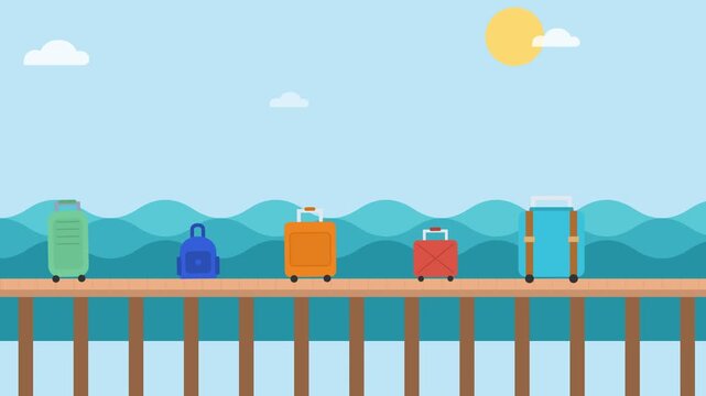Flat vector animation of colorful travel luggage moving on a wooden pier at a sunny tropical beach
