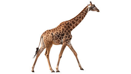 Majestic wild African giraffe walking gracefully across empty space isolated on transparent background © Foster