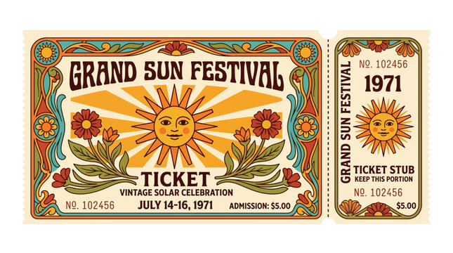 Vintage Grand Sun Festival Ticket Stub, 1971 Retro Celebration Pass