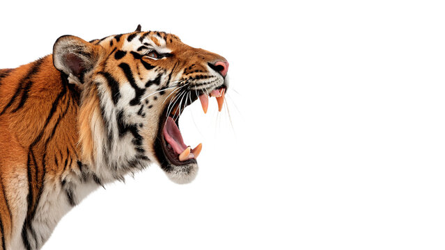 Fierce wild Bengal tiger roaring with open mouth isolated on transparent background
