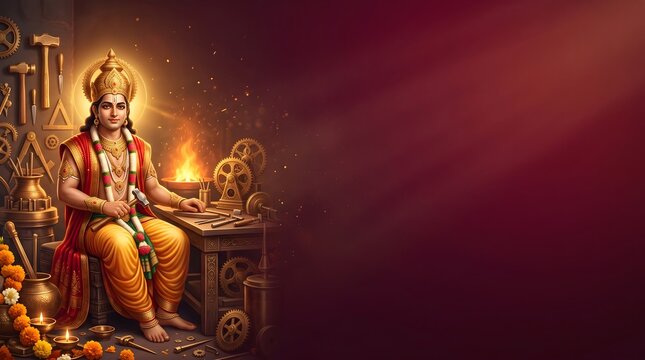 Lord vishwakarma puja celebration background with traditional tools with gears sacred fire