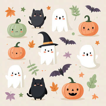Cute ghost black cat pumpkin bat witch hat halloween autumn leaf kawaii cartoon seamless pattern Adorable cute ghost black cat pumpkin bat witch hat halloween autumn leaf kawaii cartoon seamless