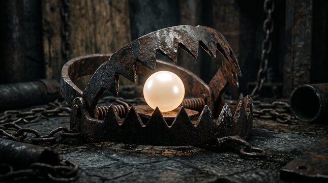 Metal bear trap holding a glowing orb on dark textured surface  