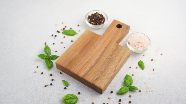Wooden cutting board with basil leaves, peppercorns, and salt on a textured background