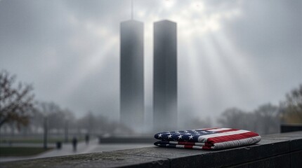 Obraz premium An atmospheric depiction of two iconic skyscraper towers emerging from mist and dramatic rays of light, evoking memories, historical recollection, loss, resilience, and reflection associated with the 