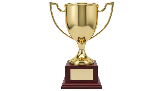 Shiny golden trophy with blank plaque on dark wood base, isolated on transparent background