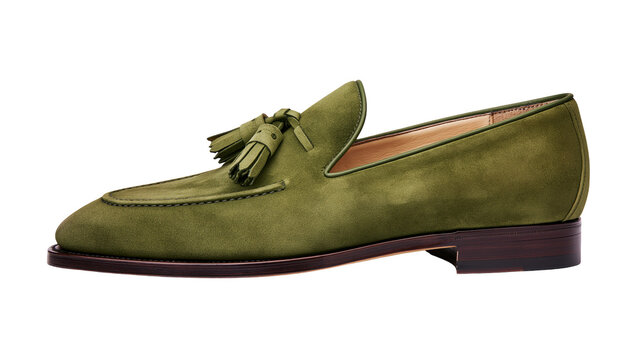 Olive green suede tassel loafer shoe with dark brown sole, isolated on transparent background