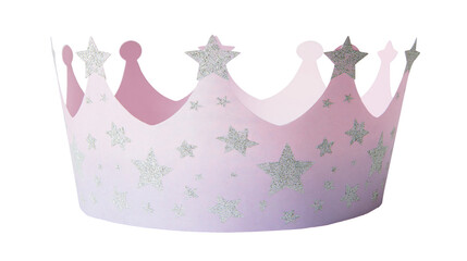 Pink paper crown with silver glitter stars, isolated on transparent background © STUDIOP