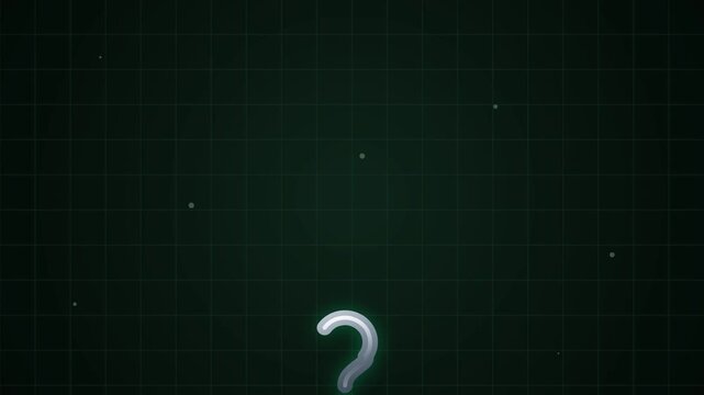 Abstract digital background with a glowing question mark and floating particles against a grid pattern