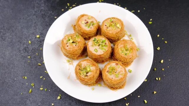Kataifi pastries filled with cream and topped with chopped pistachios on a white plate