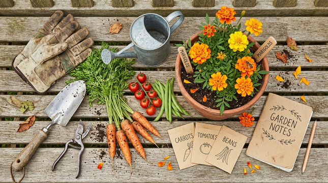 Rustic gardening flat lay with marigolds in terracotta pot, fresh vegetables and garden tools on wooden deck, hobby horticulture concept