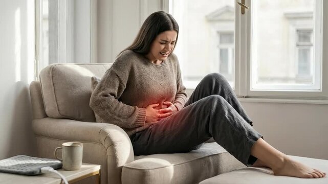 Woman uterine suffering: abdomen cramp, uterus inflammation, menstrual period, hormone change, reproduction health, ovary function, endometrium issue, severe dysmenorrhea.