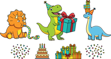 Cute Cartoon Dinosaur Birthday Party Vector Set with Triceratops T-Rex Brachiosaurus Elements Cake Confetti and Gifts for Kids Celebration Invitation Designs © Abul