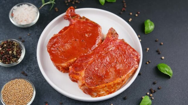 Two marinated pork chops on a white plate with spices and herbs on dark background