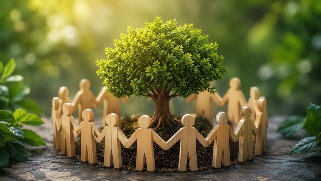 Community support protecting green tree with people holding hands in circle promoting unity and sustainability