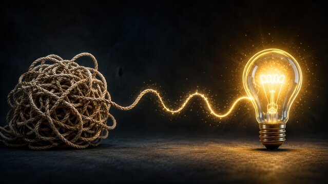 Creative problem solving concept with tangled rope transforming into bright light bulb symbol of clear thinking