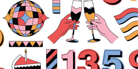 Obraz premium Retro New Year party elements with geometric disco ball, hands holding champagne glasses, birthday cake and numbers vector illustration set.