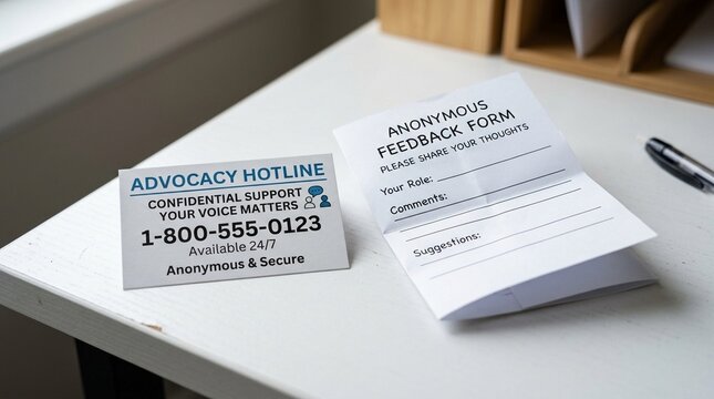 Advocacy hotline card resting beside a folded anonymous feedback form, patient advocacy support services concept